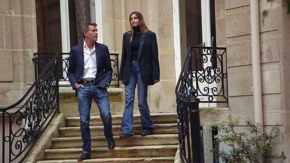 Vittoria di Savoia walks with her father, Emanuele Filiberto, prince of Venice, after speaking with ABC News, about being the first female heir to the Italian crown in 1,000 years, in Paris.