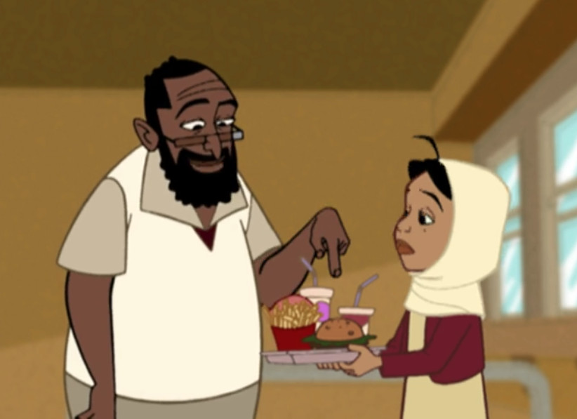 A scene from 'The Proud Family: Culture Shock' showing Penny Proud with the Zamin family, illustrating the cultural exchange premise of the episode despite its problematic portrayal of Muslim Americans.
