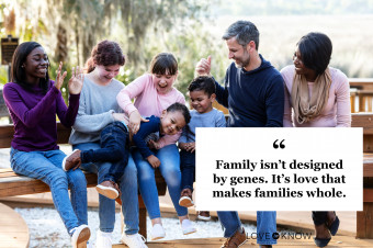 Blended family with five children sitting on park bench non-traditional family quote