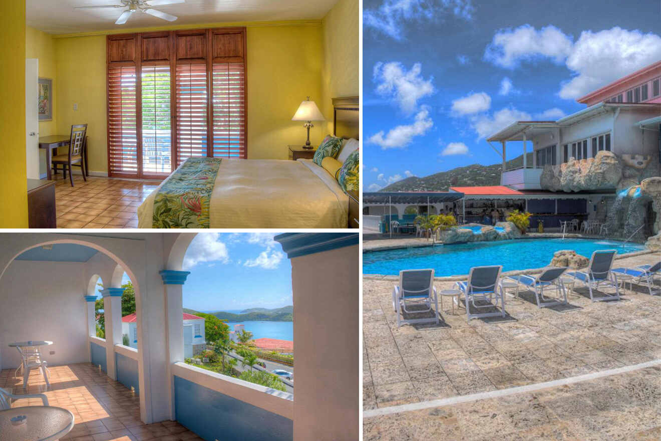 Swimming pool, bedroom, and balcony view at Castle Villas at Bluebeards, a historic family-friendly resort in the US Virgin Islands.