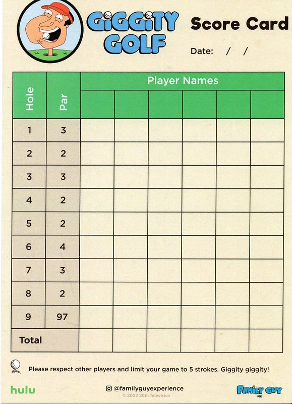 Scorecard for Family Guy Giggity Golf showing the joke 9th hole