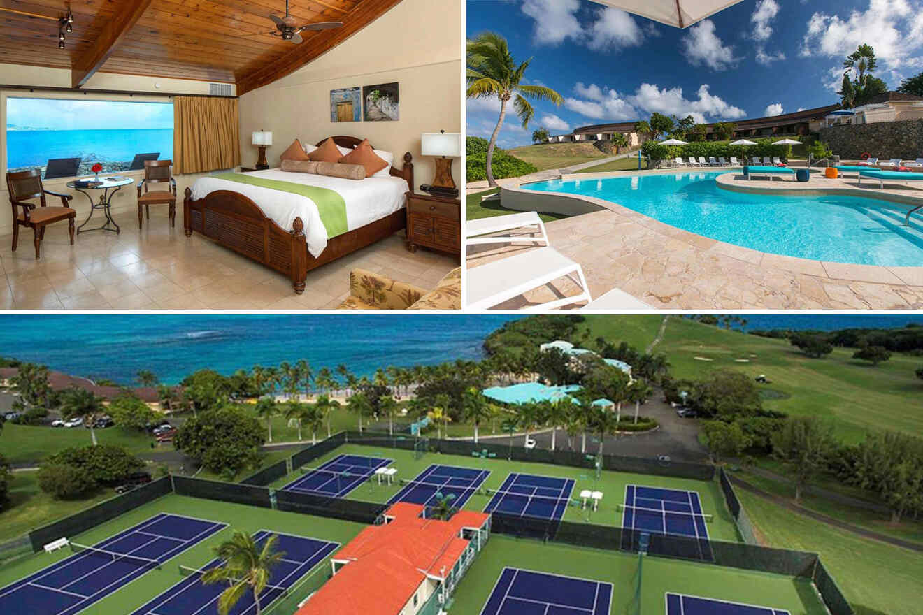 Swimming pool, bedroom, and playing fields at The Buccaneer Beach &amp; Golf Resort, a top-rated US Virgin Islands family resort known for service.
