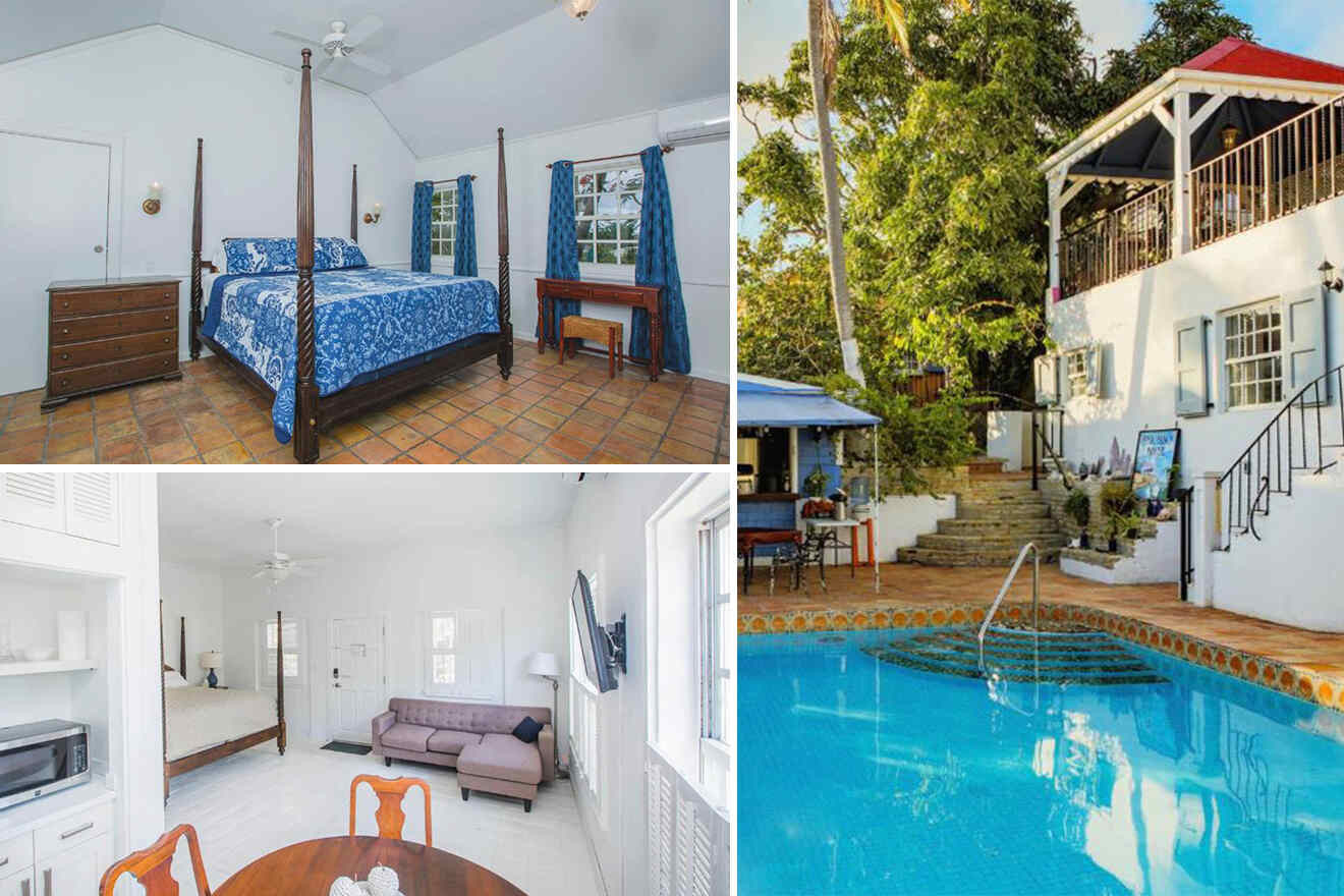 Swimming pool, bedroom, and lounge area at Sugar Apple Bed and Breakfast, a conveniently located family accommodation in the US Virgin Islands.