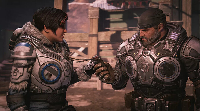 JD Fenix, Kait Diaz, and Delmont Walker in Gears 5, showcasing updated character models and vibrant environments.