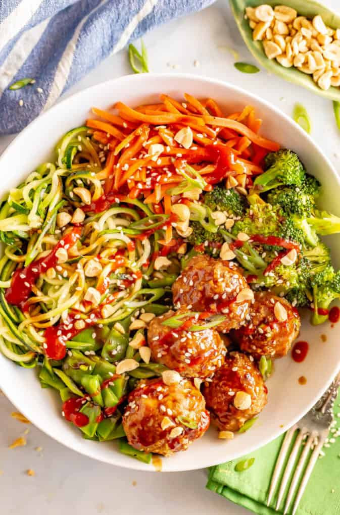 Asian turkey meatball veggie bowls with hoisin sauce, a flavorful and easy low carb family dinner recipe.