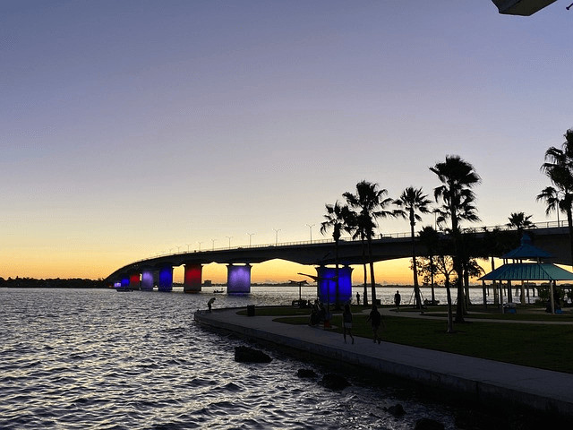 Ringling Bridge in Sarasota, Florida, showcasing a scenic view of the city and bay, symbolizing a desirable family-friendly location with cultural attractions and waterfront living