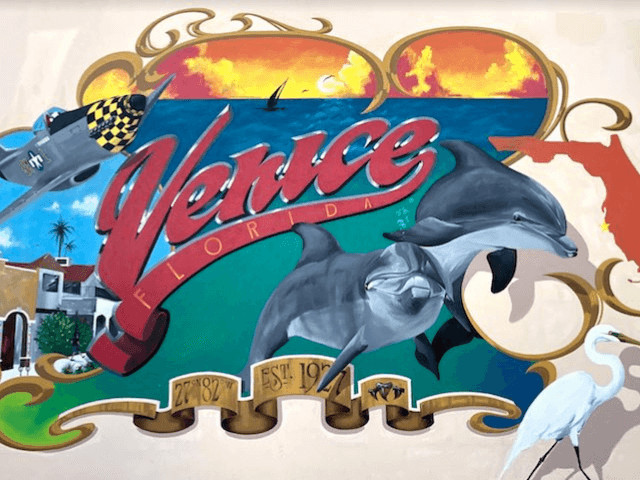 Vibrant mural in Venice, Florida, depicting local scenes and wildlife, representing the city's artistic community and family-friendly atmosphere