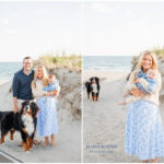family poses at second beach with bernese mountain dog