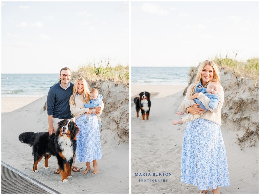 family poses at second beach with bernese mountain dog