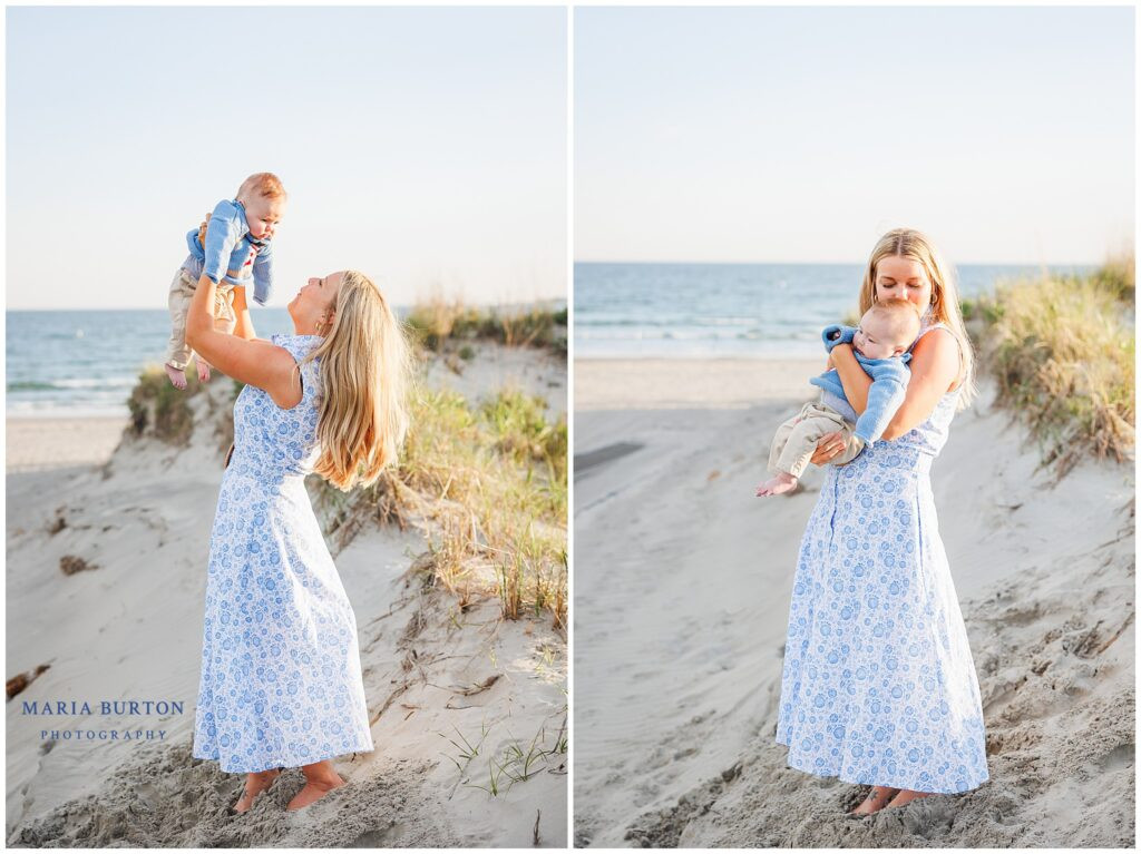 mother raises baby son in the air for a kiss