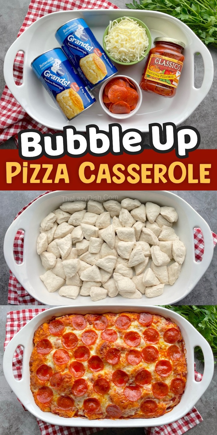 A fun and appealing bubble up pizza casserole, featuring biscuit dough &quot;bubbling up&quot; with melted cheese and pizza toppings, a playful twist on pizza night.