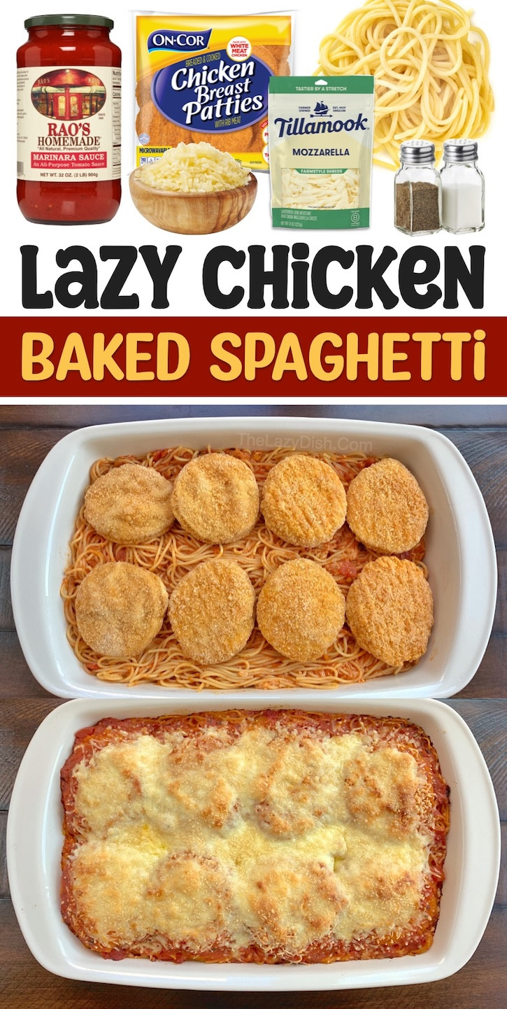 A comforting lazy chicken baked spaghetti casserole, featuring spaghetti, cheese, and chicken patties, a simple and budget-friendly family meal.