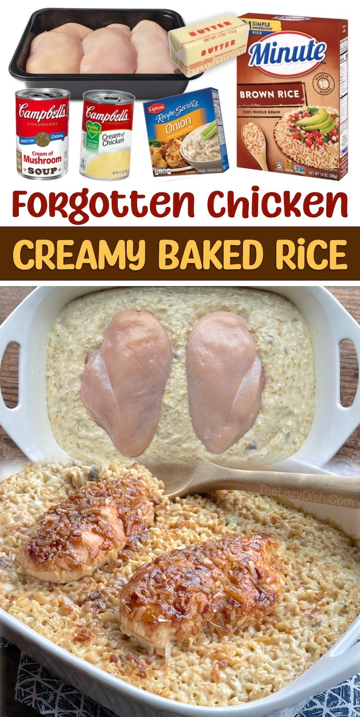 A classic forgotten chicken casserole, showcasing the creamy rice and tender chicken, a simple yet satisfying meal for busy families.