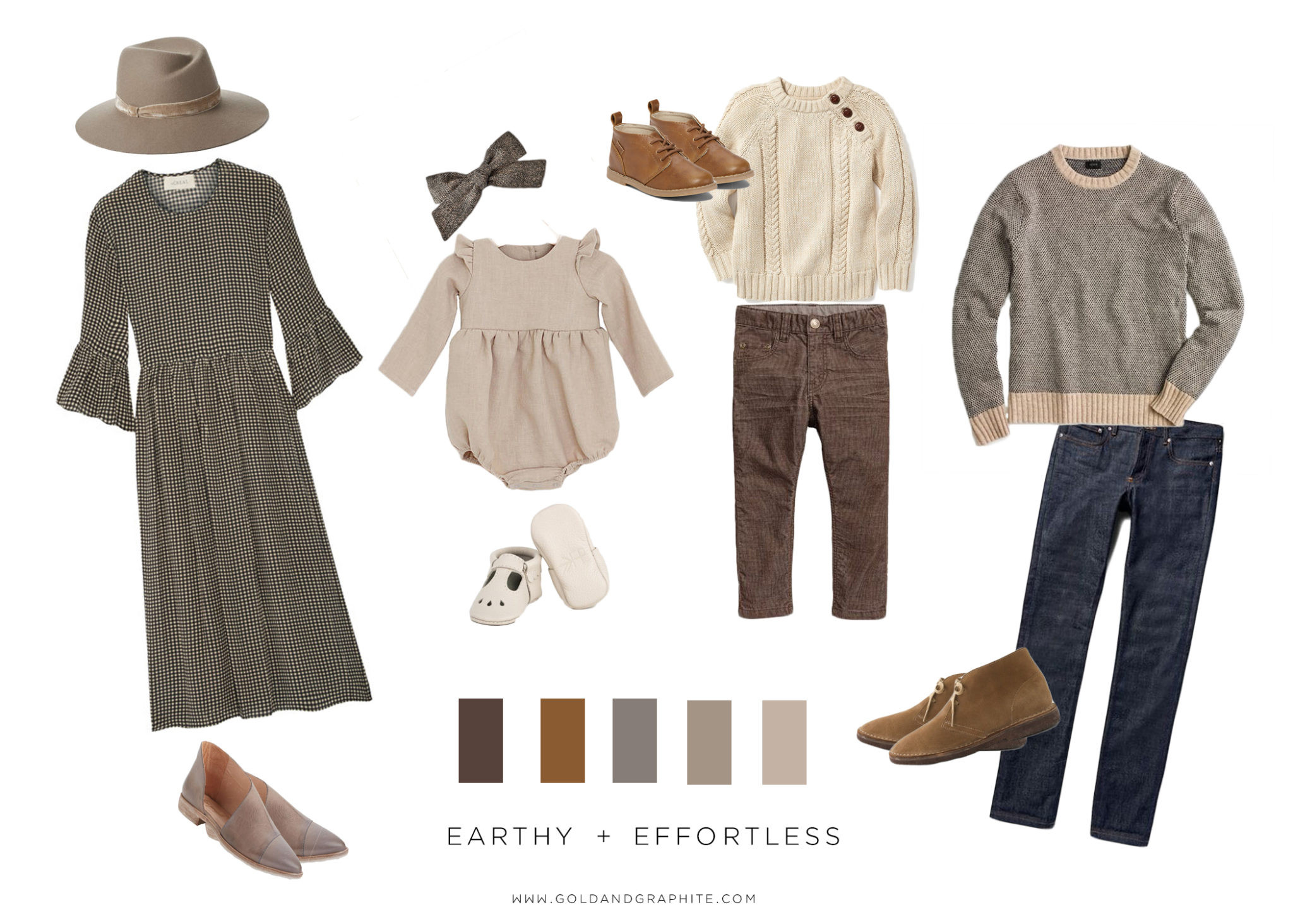 Family in earthy tones in an outdoor setting, showcasing effortless style