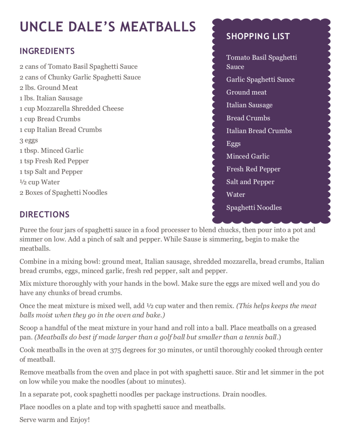 Uncle Dale's famous meatballs recipe title
