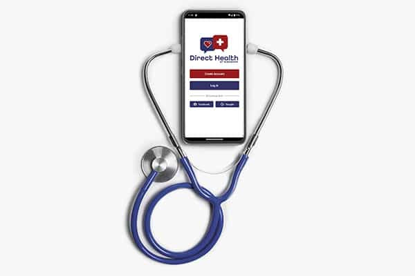 Phone with a stethoscope. the screen displays the Direct Health app.