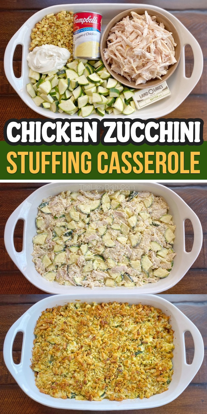 A warm and inviting chicken zucchini stuffing casserole, highlighting the golden-brown stuffing crust and creamy filling, perfect for a family dinner.