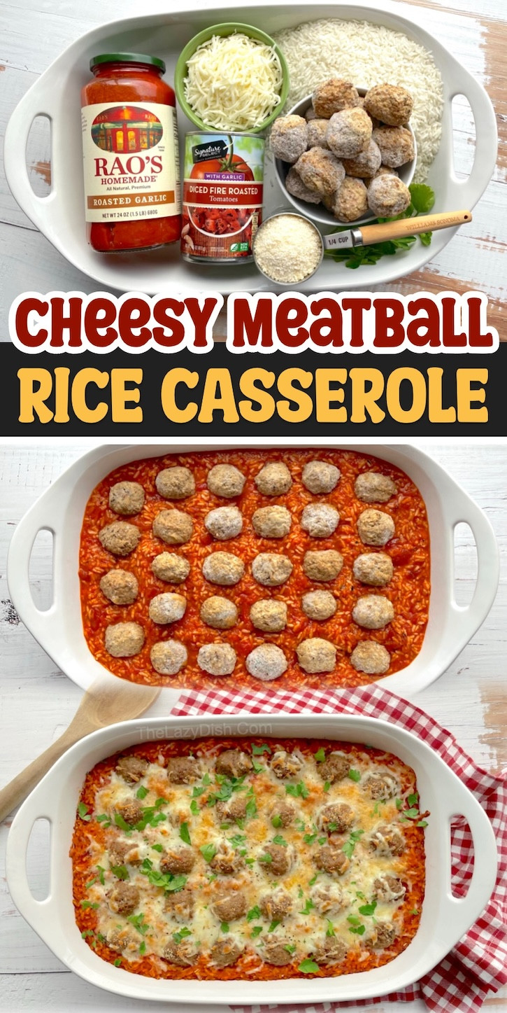 A close-up shot of a cheesy meatball and rice casserole, bubbling hot and golden brown, showcasing its comforting and family-friendly appeal.