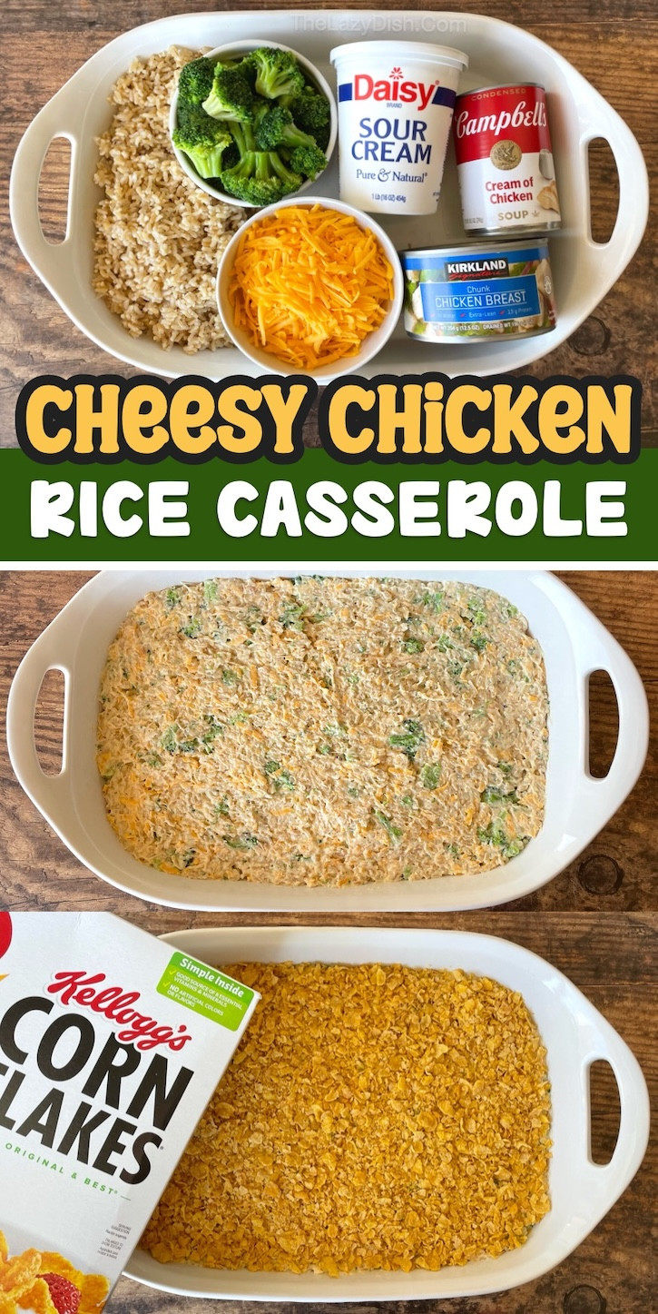 A classic chicken &amp; rice broccoli casserole, highlighting the creamy texture and comforting combination of chicken, rice, and broccoli, a pantry-friendly family staple.