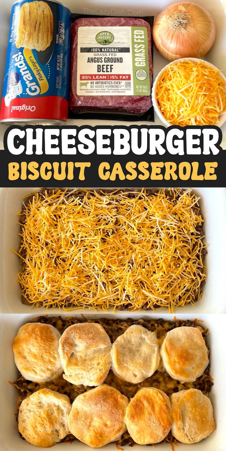 A hearty chopped cheeseburger biscuit casserole, showcasing the buttery biscuits and savory ground beef filling, a fun and effortless twist on cheeseburgers.