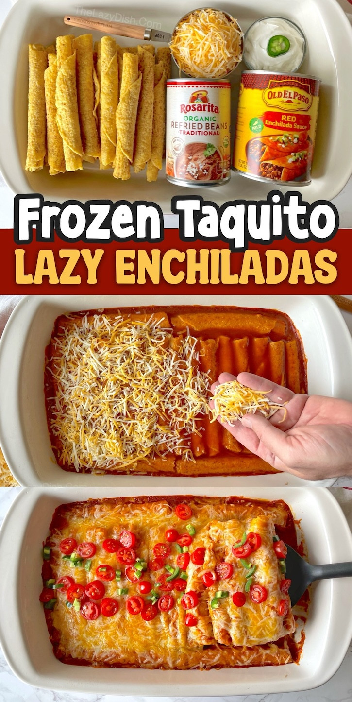 A vibrant frozen taquito enchilada casserole, showcasing the melted cheese and enchilada sauce coating the taquitos, a surprisingly easy and flavorful dish.