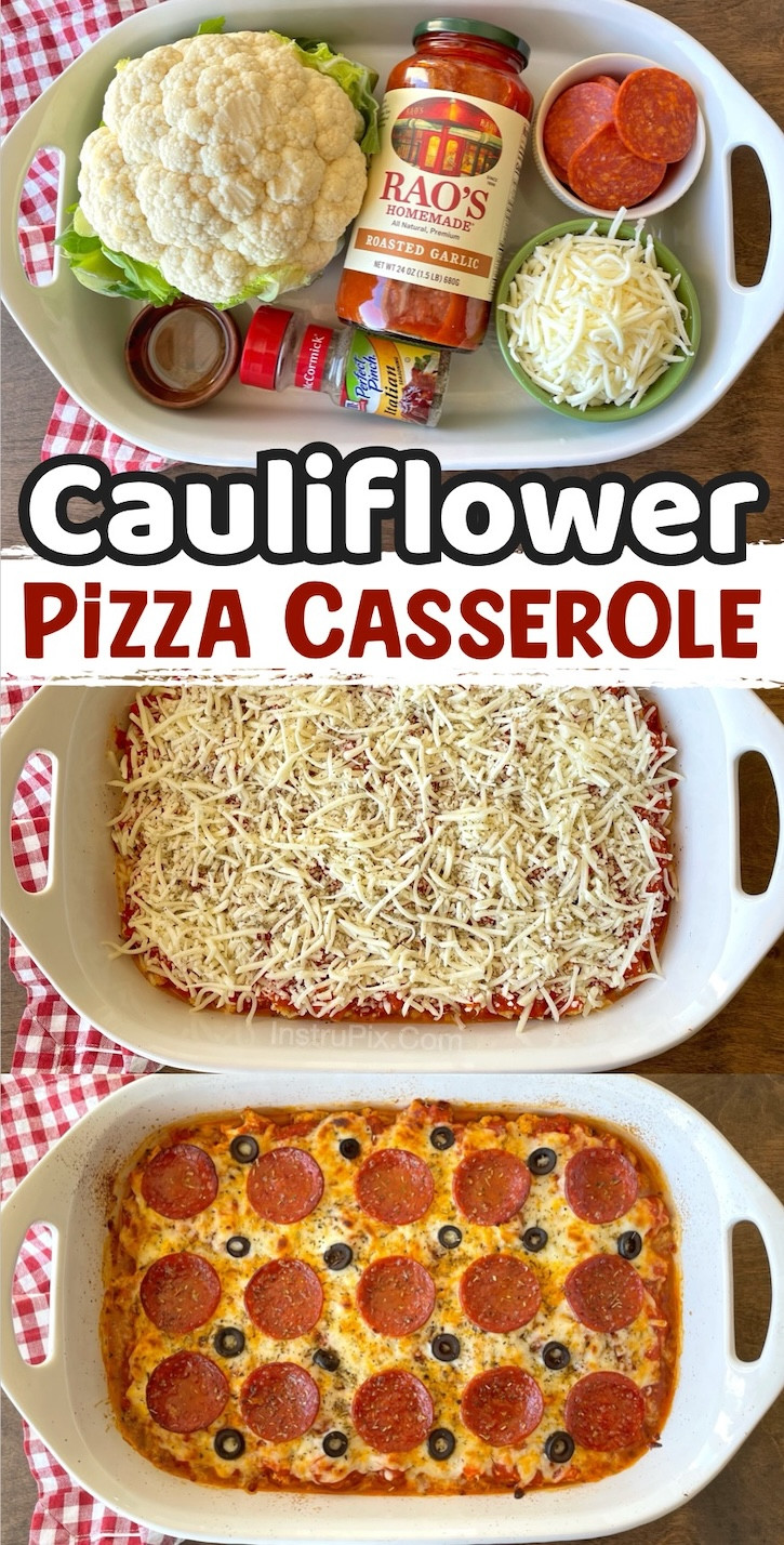 A healthy and delicious cauliflower pepperoni pizza casserole, highlighting the pepperoni and cheese topping over a cauliflower base, a veggie-packed and family-friendly option.