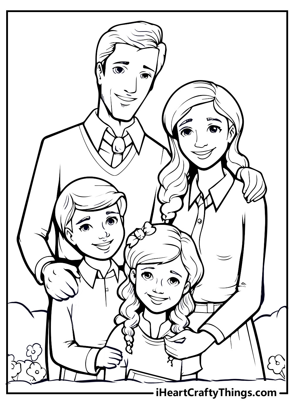 Detailed coloring page of a loving family of four in formal clothes, enjoying quality time outdoors with affection and care.