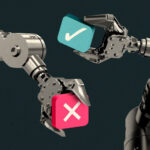 Robotic arms holding social media like icons representing AI licensing and training