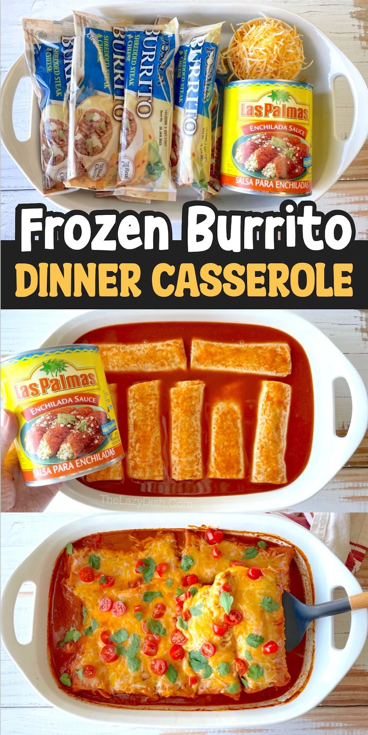 A flavorful frozen burrito casserole, showcasing the enchilada sauce and melted cheese coating the burritos, an easy and quick weeknight dinner solution.