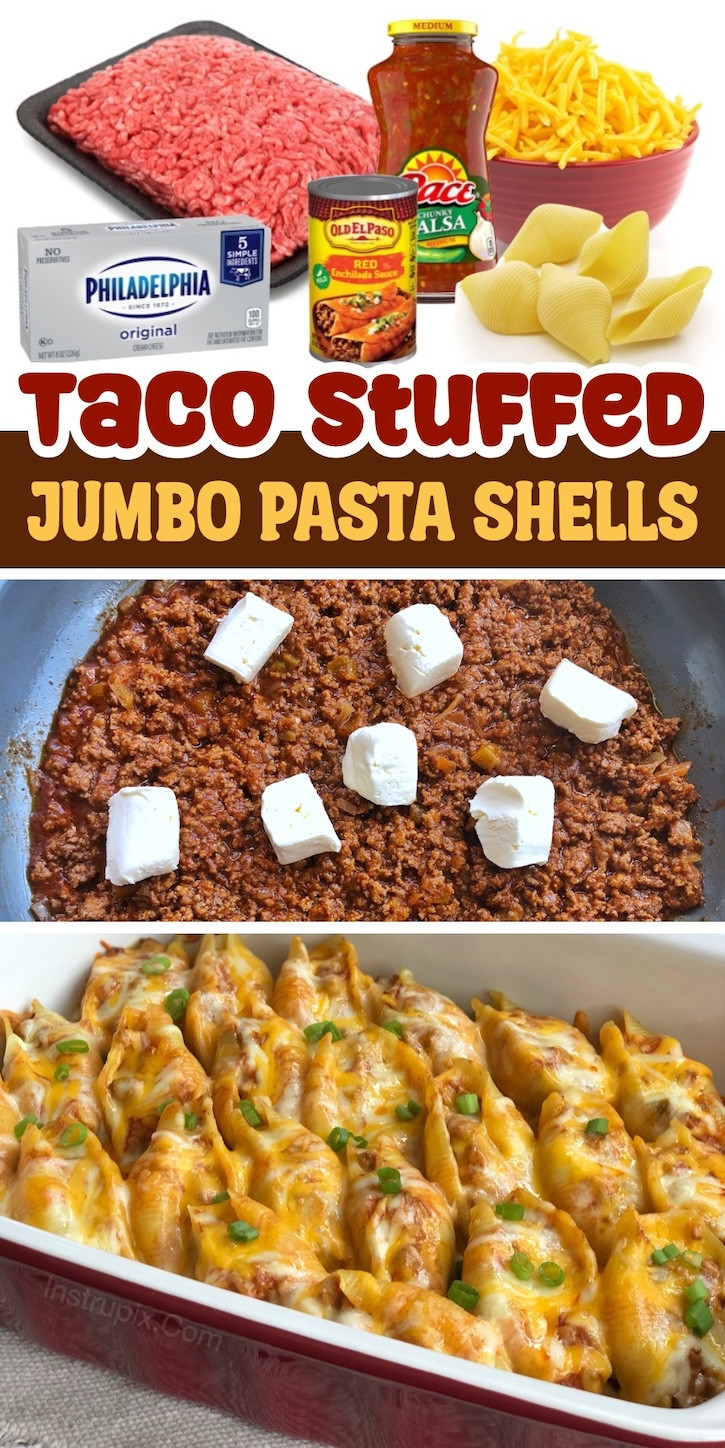 A vibrant cheesy taco jumbo pasta shells casserole, showcasing the stuffed pasta shells and melted cheese, a fun fusion of Mexican and Italian flavors.