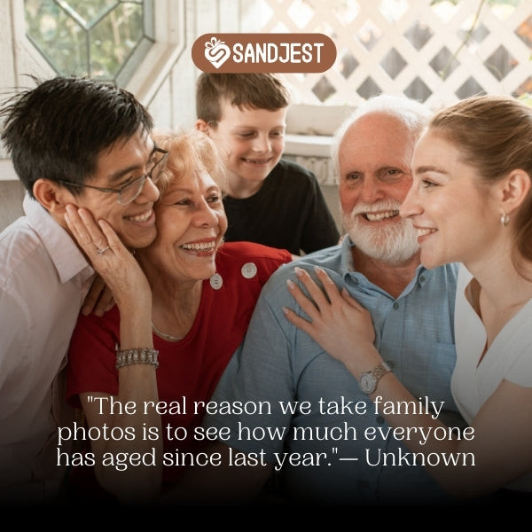 Retro-style image with humorous quotes about family photo challenges.