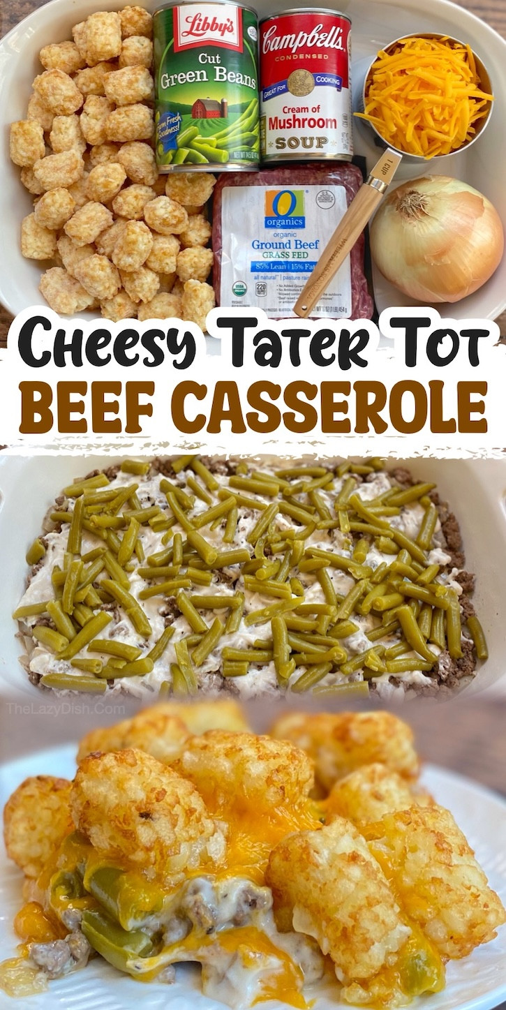A delicious tater tot beef casserole, featuring a layer of crispy golden tater tots over a cheesy ground beef filling, a fun and easy family favorite.