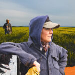 Collage of one male middle farmer and one middle aged woman in the foreground.
