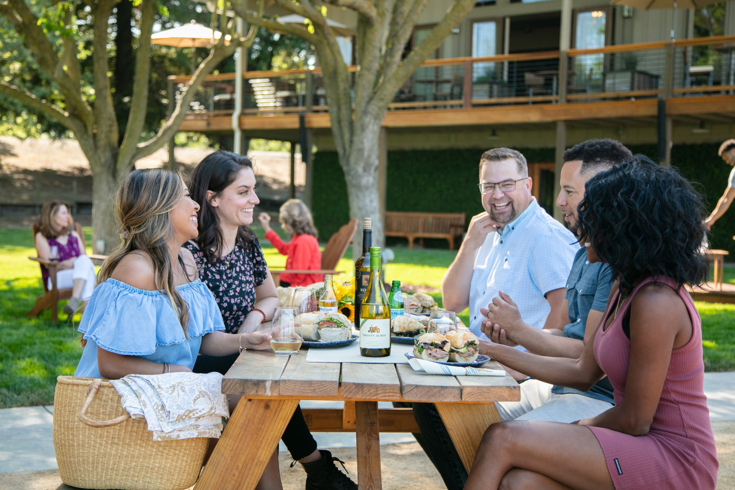 Friends enjoying a relaxing picnic with Bogle Family Vineyards wine in the serene vineyard setting of Clarksburg.