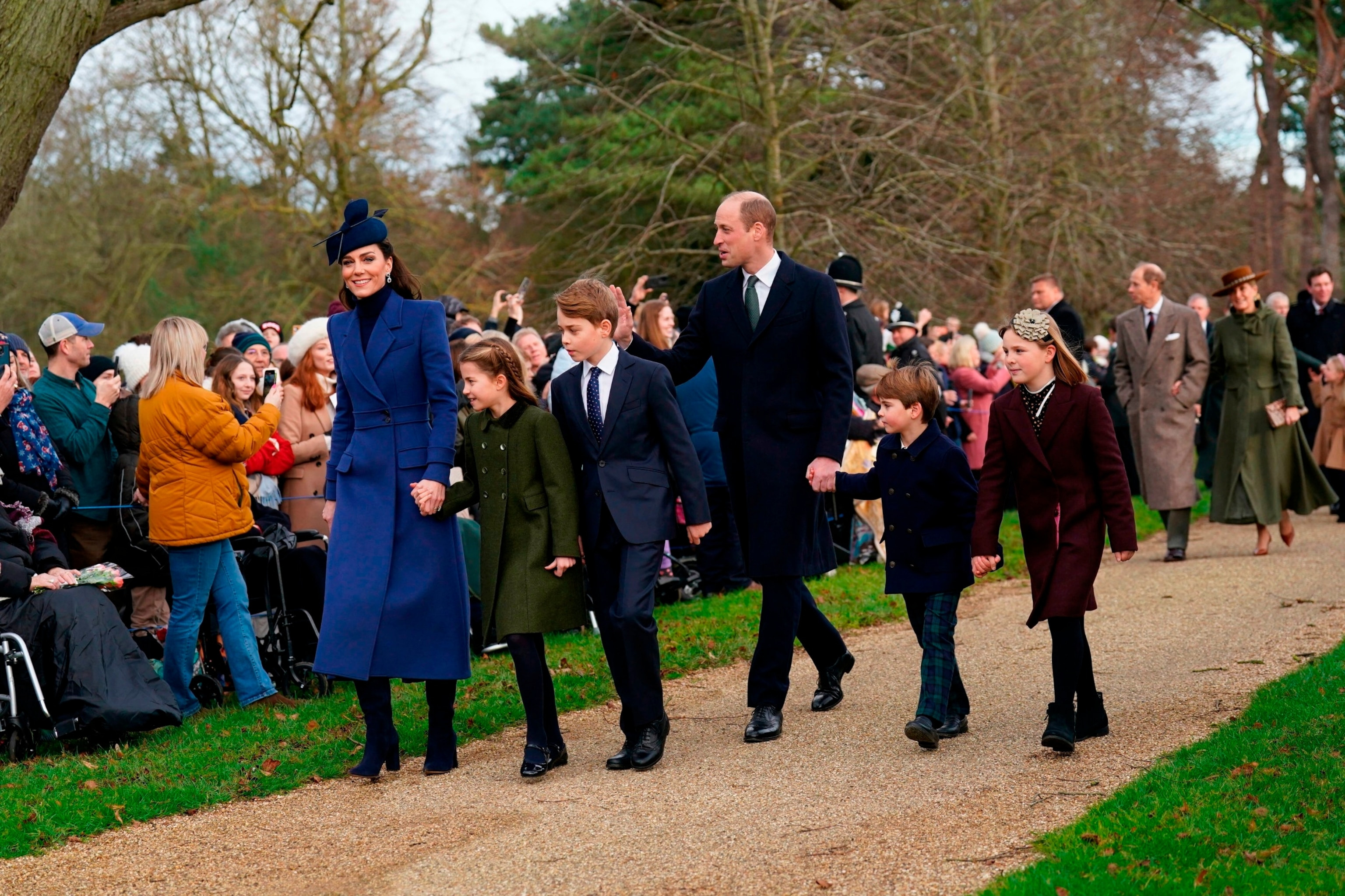 Kate, the Princess of Wales, Princess Charlotte, Prince George, William, the Prince of Wales, Prince Louis and Mia Tindall arrive to attend the Christmas day service at St Mary Magdalene Church in Sandringham in Norfolk, England, Dec. 25, 2023