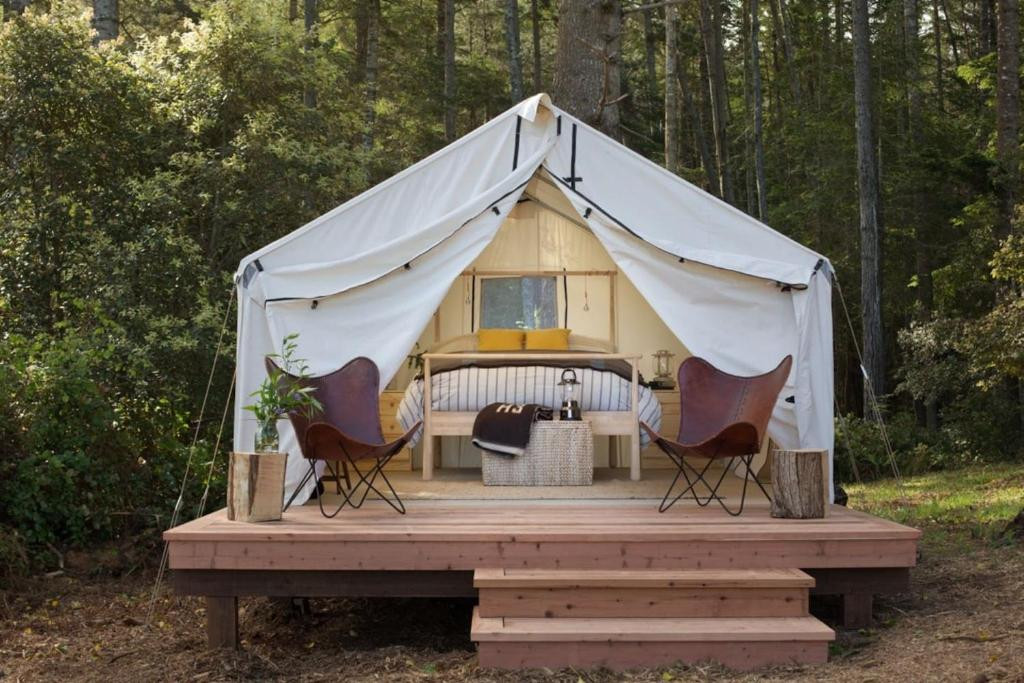 Glamping tents at Mendocino Grove, a family-friendly outdoor resort in Mendocino, California