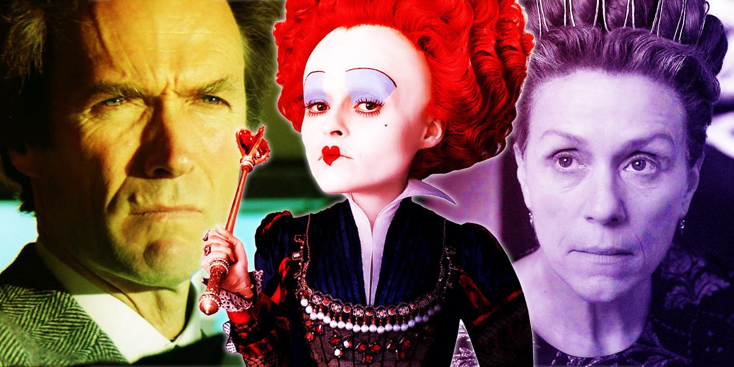 Collage of Clint Eastwood as Harry Callahan in the Dirty Harry movie Sudden Death, Helena Bonham Carter as The Red Queen in Tim Burton