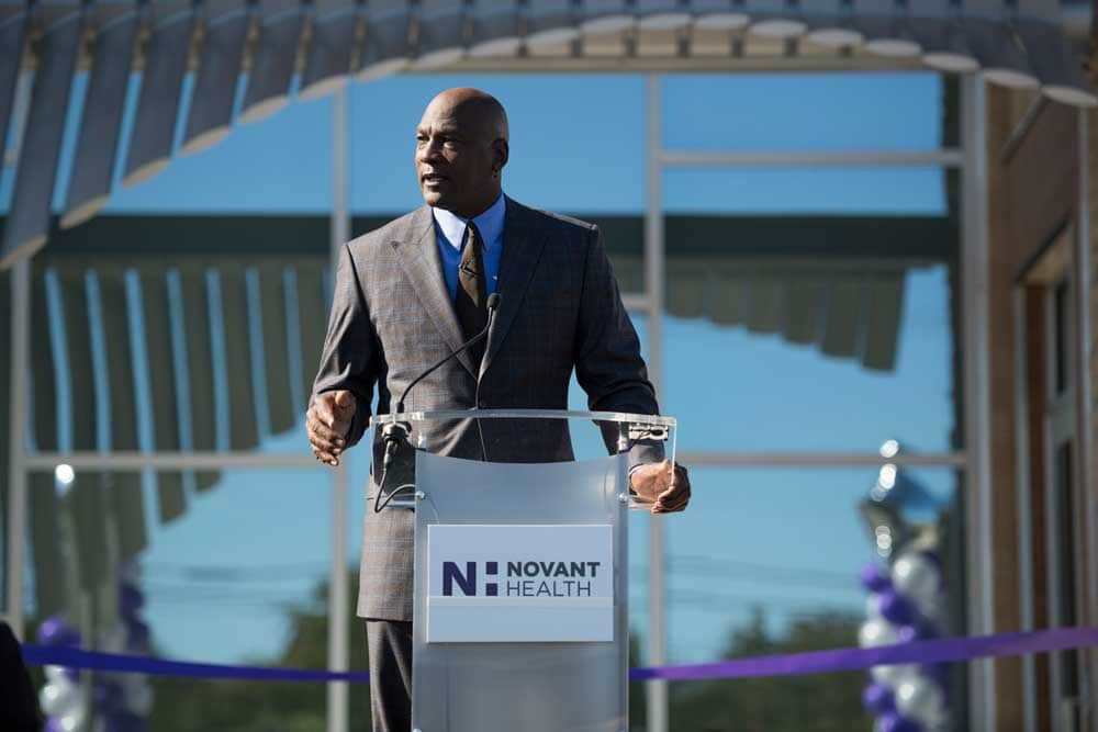Michael Jordan speaks at the ribbon-cutting ceremony for the Novant Health Michael Jordan Family Clinic in Charlotte, NC, October 2019