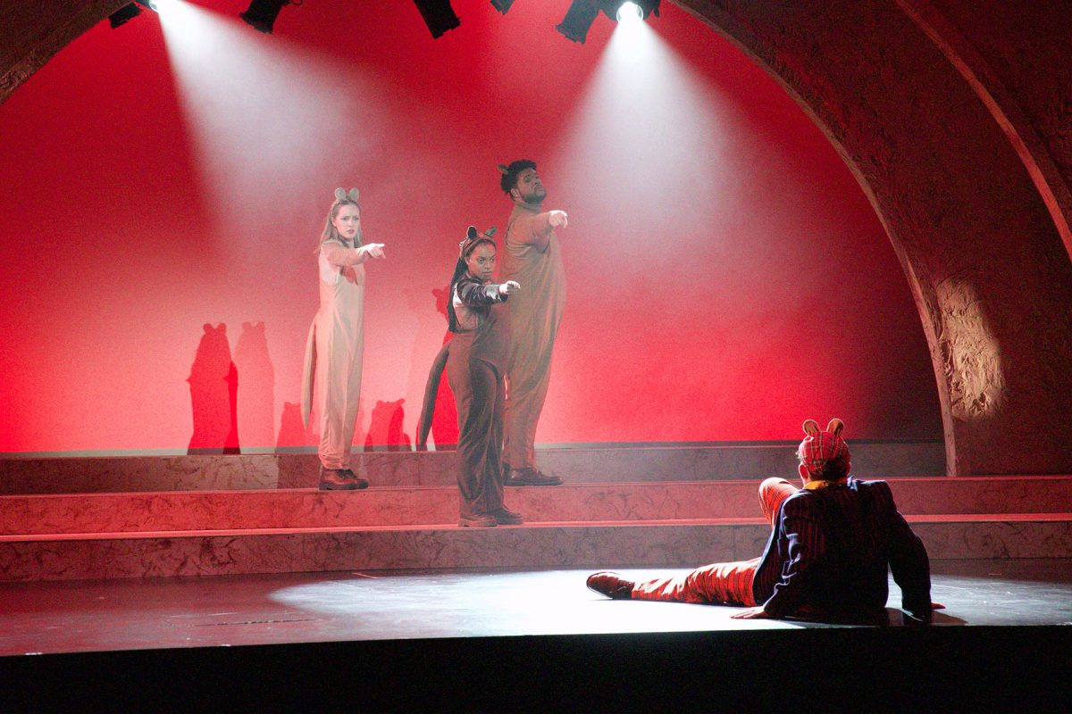 Weather Mole Rat and Stark Naked reporting on tunnel weather, emphasizing the comedic and theatrical elements of the 'Naked Mole Rat' play at FSU School of Theatre