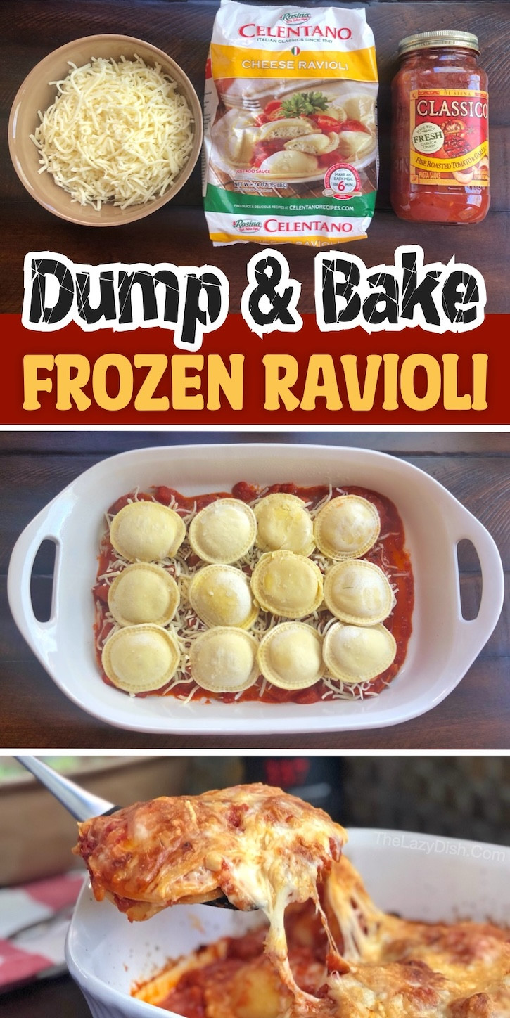 A simple yet satisfying dump &amp; bake frozen ravioli casserole, featuring layers of ravioli, sauce, and cheese, an incredibly easy &quot;lazy lasagna&quot;.