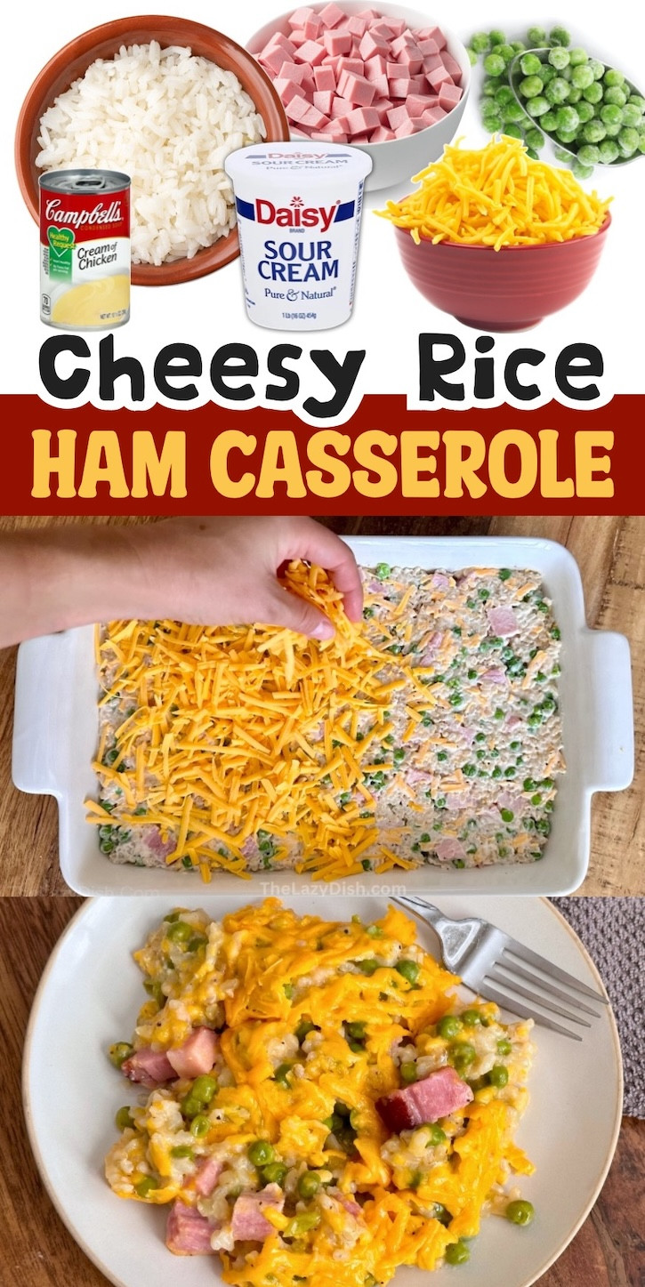 A comforting cheesy rice and ham casserole, highlighting the creamy texture and savory ham pieces, an easy and budget-friendly family meal.