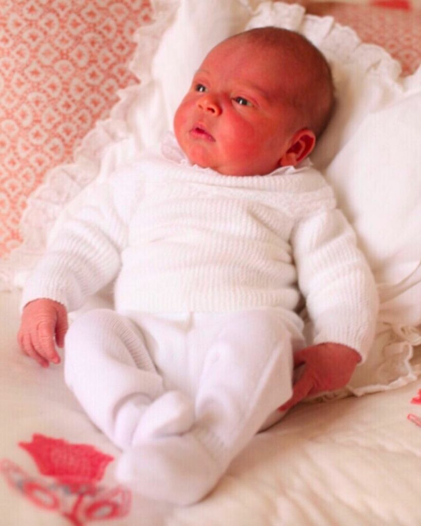 Newborn Prince Louis in white outfit, photographed by Kate Middleton shortly after his birth
