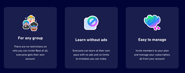 The Duolingo Family Plan offers benefits for any group, ad-free learning, and easy management.