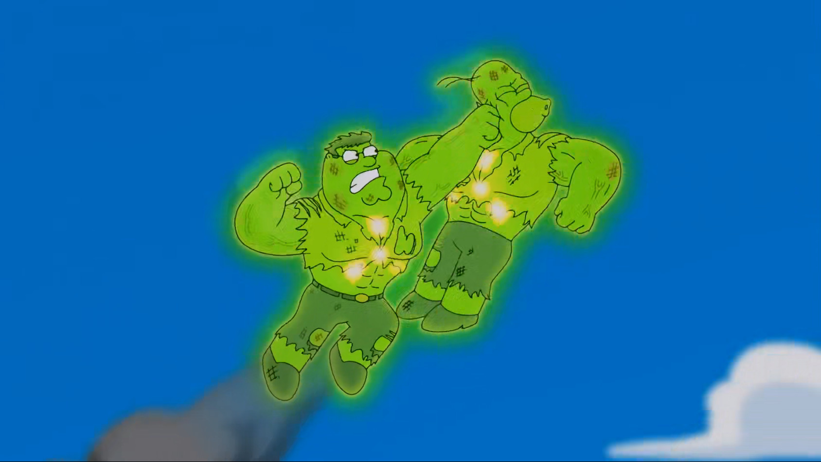 The climactic fight scene between Homer Simpson and Peter Griffin, extending across Springfield.