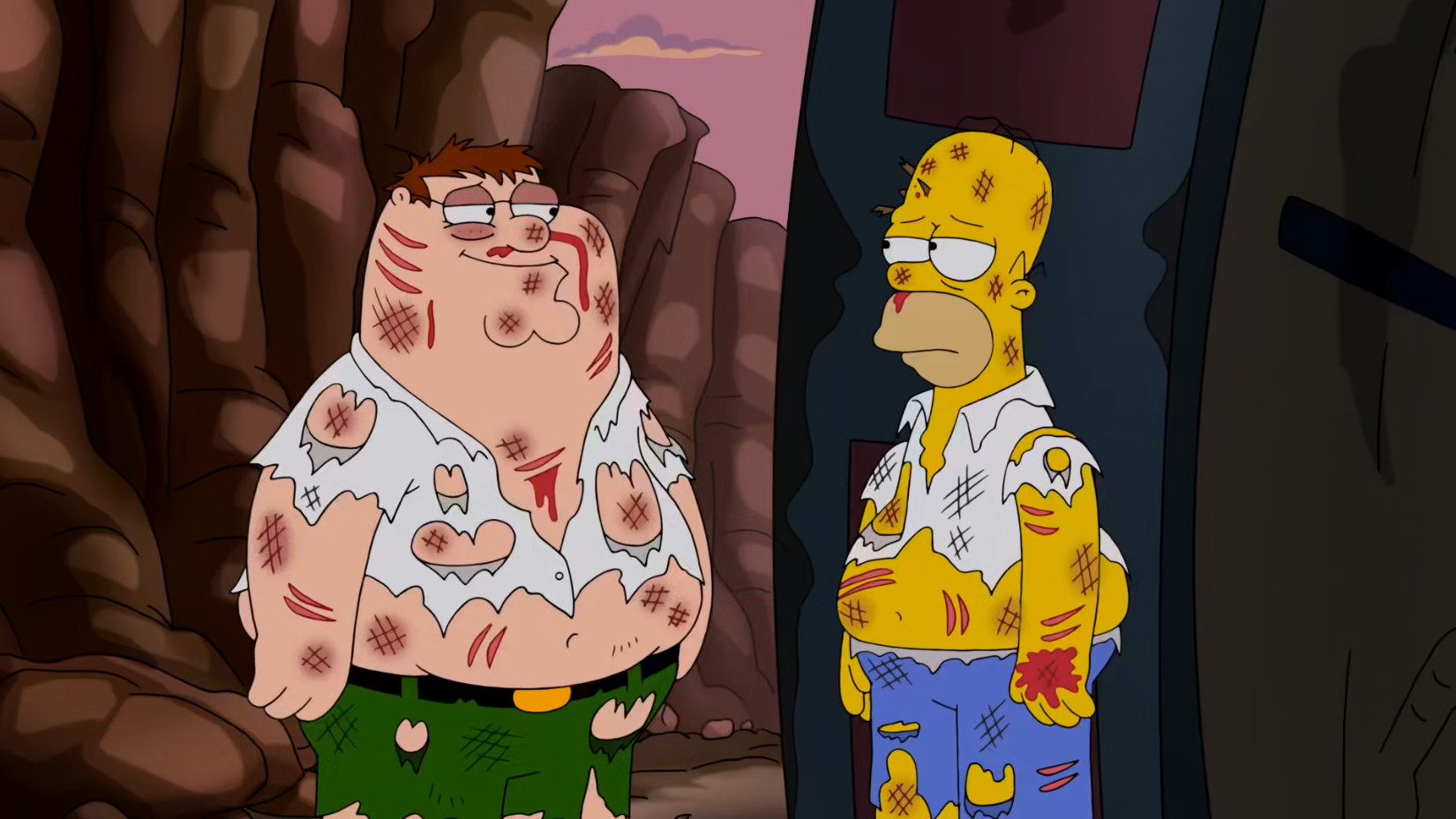A group shot of various characters from both The Simpsons and Family Guy interacting.