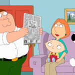 Peter Griffin in his newspaper cartoonist role, showcasing his crudely drawn and offensive cartoons.