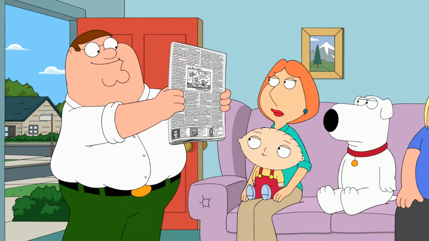 Peter Griffin in his newspaper cartoonist role, showcasing his crudely drawn and offensive cartoons.
