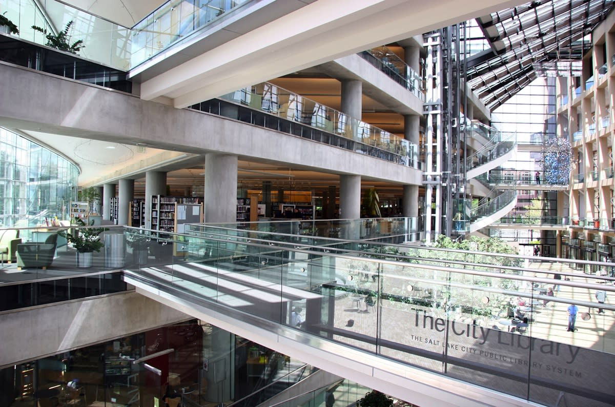 Modern architecture of Salt Lake Public Library with city views