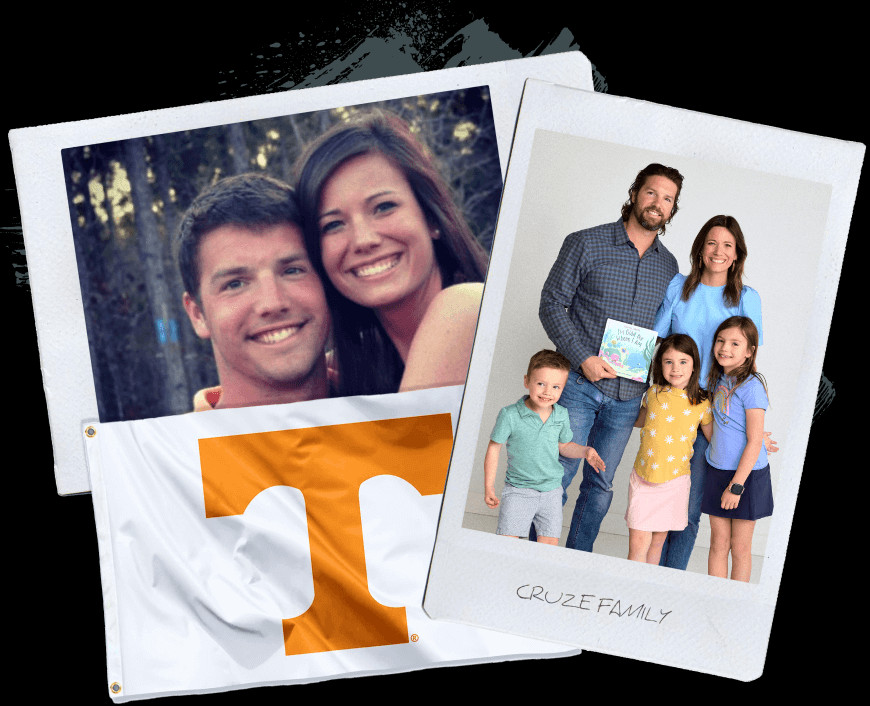 Rachel Cruze with her family smiling in front of the University of Tennessee sign