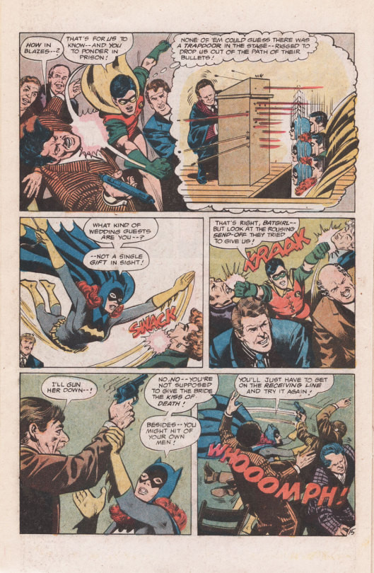 Robin and Batgirl seemingly entranced at their wedding ceremony surrounded by villains